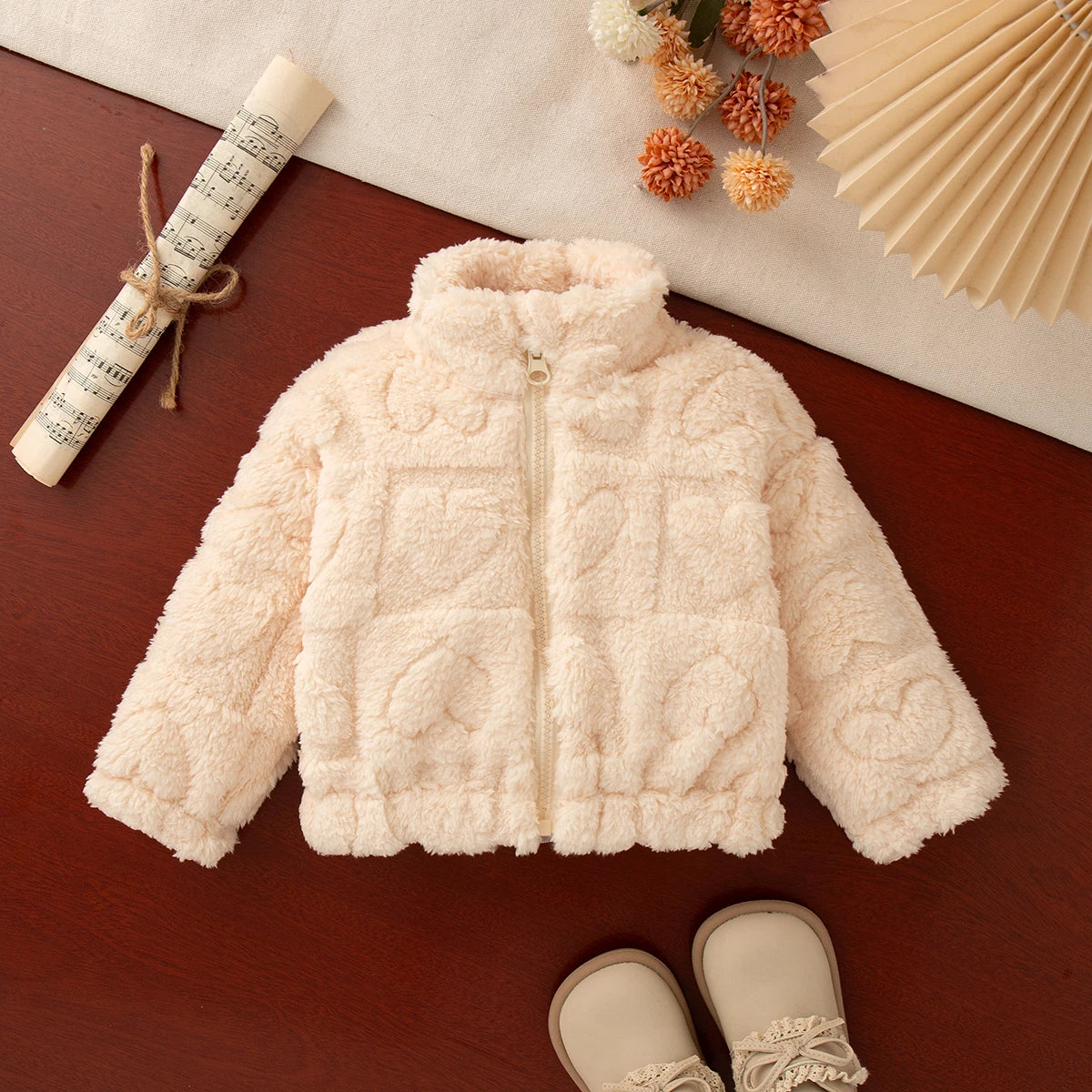 Giacca Invernale in Peluche per Neonata e Bambina – Cappotto in Pile con Zip e Cuoricini in Rilievo