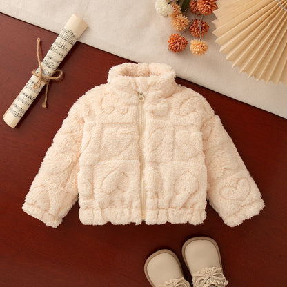 Giacca Invernale in Peluche per Neonata e Bambina – Cappotto in Pile con Zip e Cuoricini in Rilievo