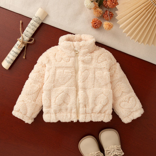 Giacca Invernale in Peluche per Neonata e Bambina – Cappotto in Pile con Zip e Cuoricini in Rilievo