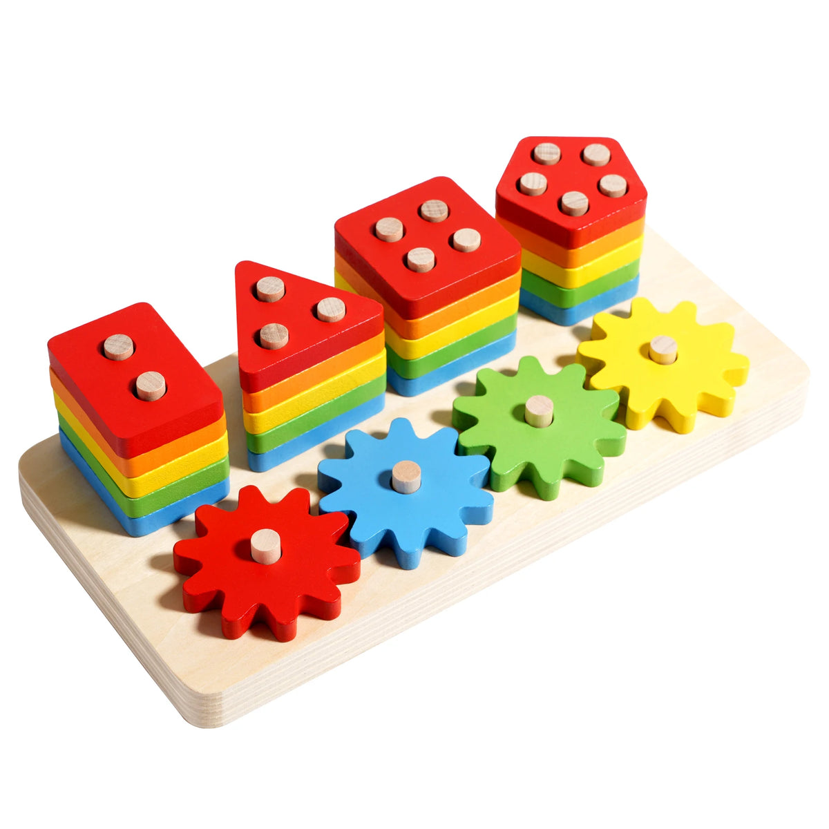 Gioco a Incastro in Legno con Forme Impilabili e Ingranaggi – Tavola Educativa per Bambini 3+ Anni
