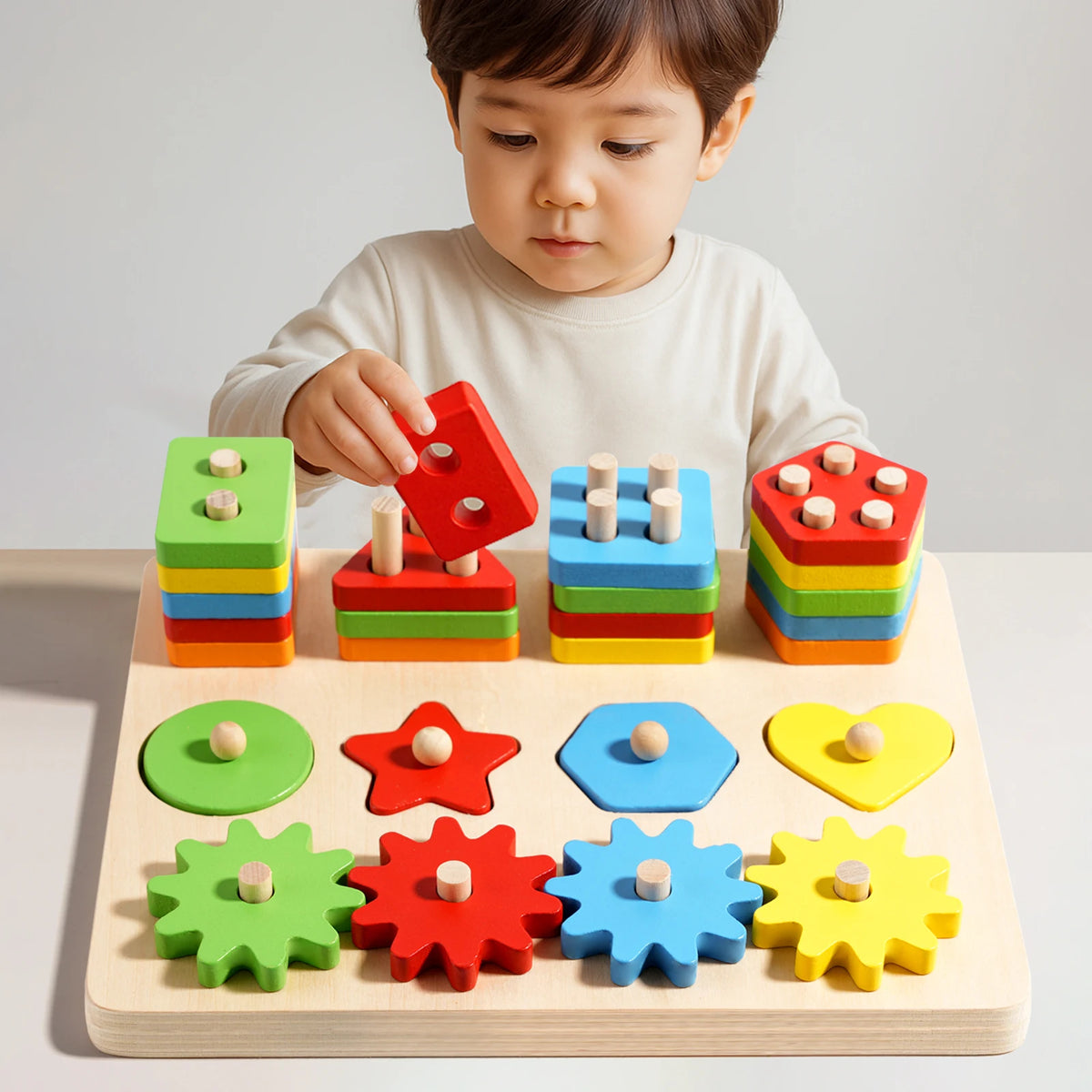 Gioco a Incastro in Legno con Forme Impilabili e Ingranaggi – Tavola Educativa per Bambini 3+ Anni