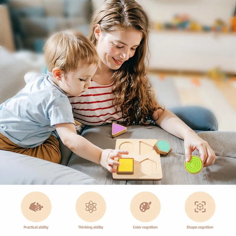 Puzzle Sensoriale Tattile in Legno con Forme e Texture – Gioco Educativo per Bambini