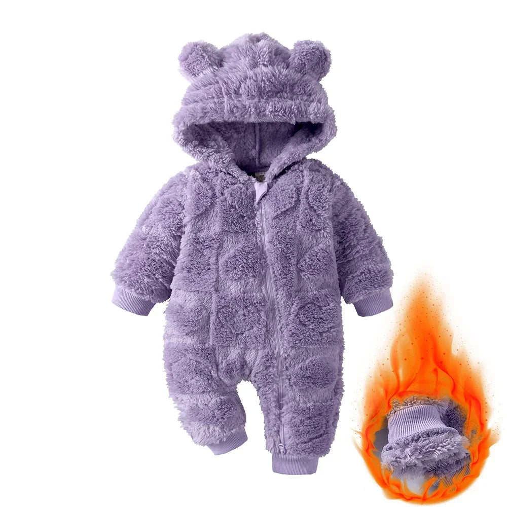 Tutina Invernale Neonato in Pile Effetto Peluche – Tuta con Cappuccio e Zip a Doppio Cursore