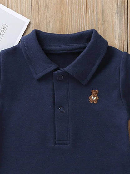 Body Polo Neonato in Cotone Elasticizzato con Colletto e Orsetto Ricamato