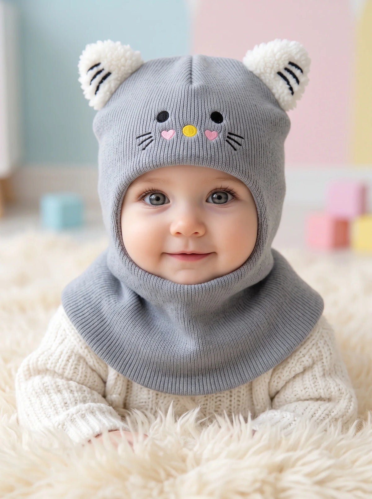 Passamontagna Invernale Bambino e Bambina in Maglia – Cappello con Scaldacollo Integrato e Orecchie da Gatto