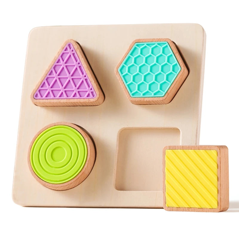 Puzzle Sensoriale Tattile in Legno con Forme e Texture – Gioco Educativo per Bambini