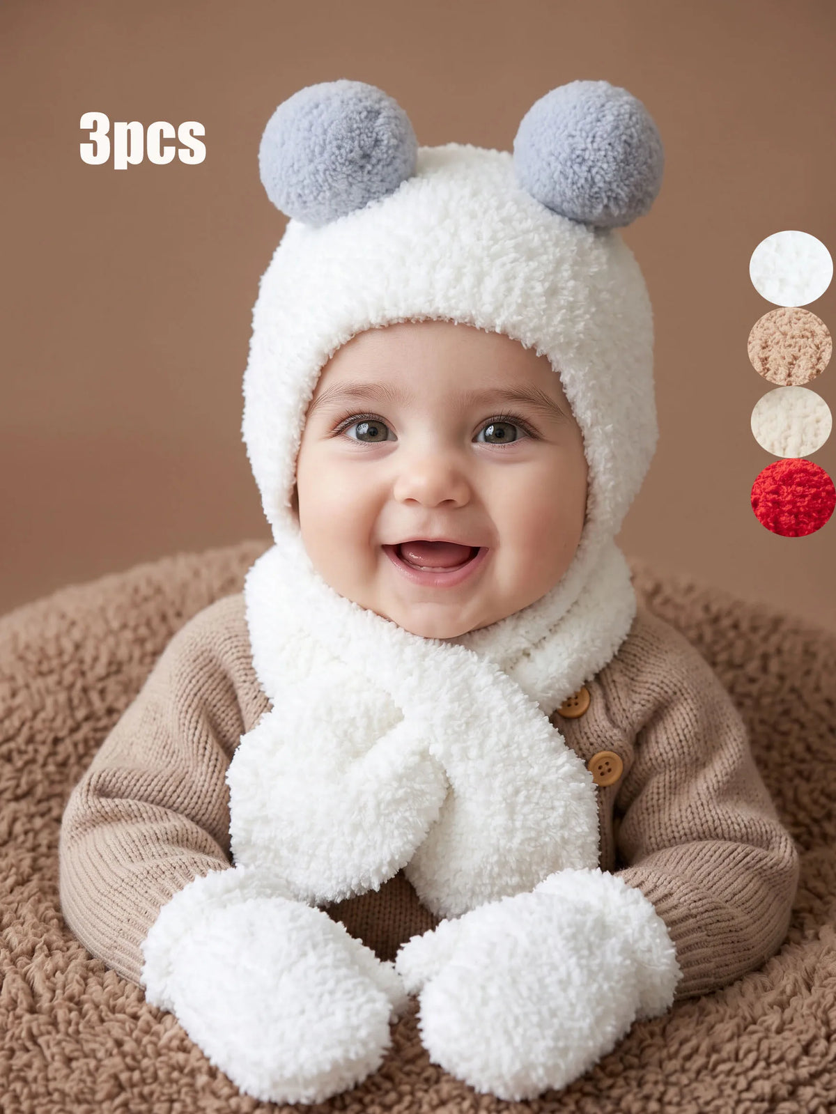 Set Invernale Neonato Effetto Teddy – Cappello Copriorecchie, Sciarpa e Guanti a Muffola