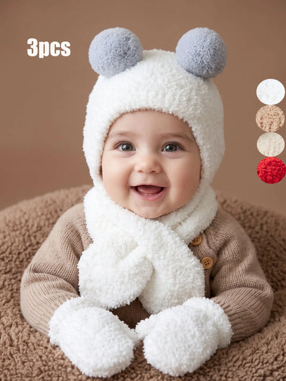 Set Invernale Neonato Effetto Teddy – Cappello Copriorecchie, Sciarpa e Guanti a Muffola