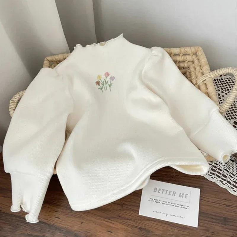 Maglia Felpata Bambina con Ricamo Floreale e Maniche a Sbuffo | 1-6 Anni