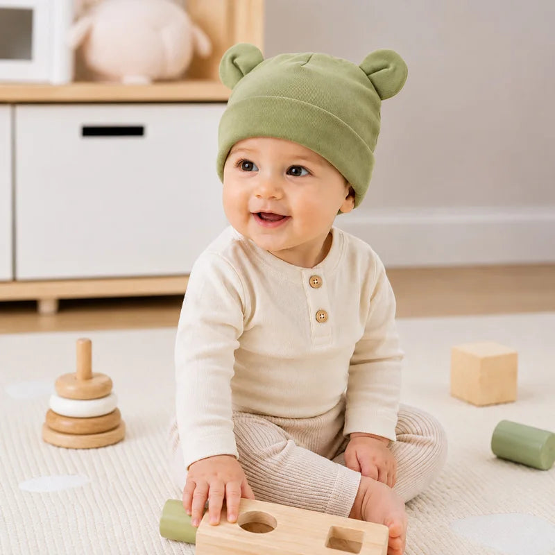 Cappellino Neonato in Cotone con Orecchiette – Berretto Morbido Elasticizzato 0-12 Mesi