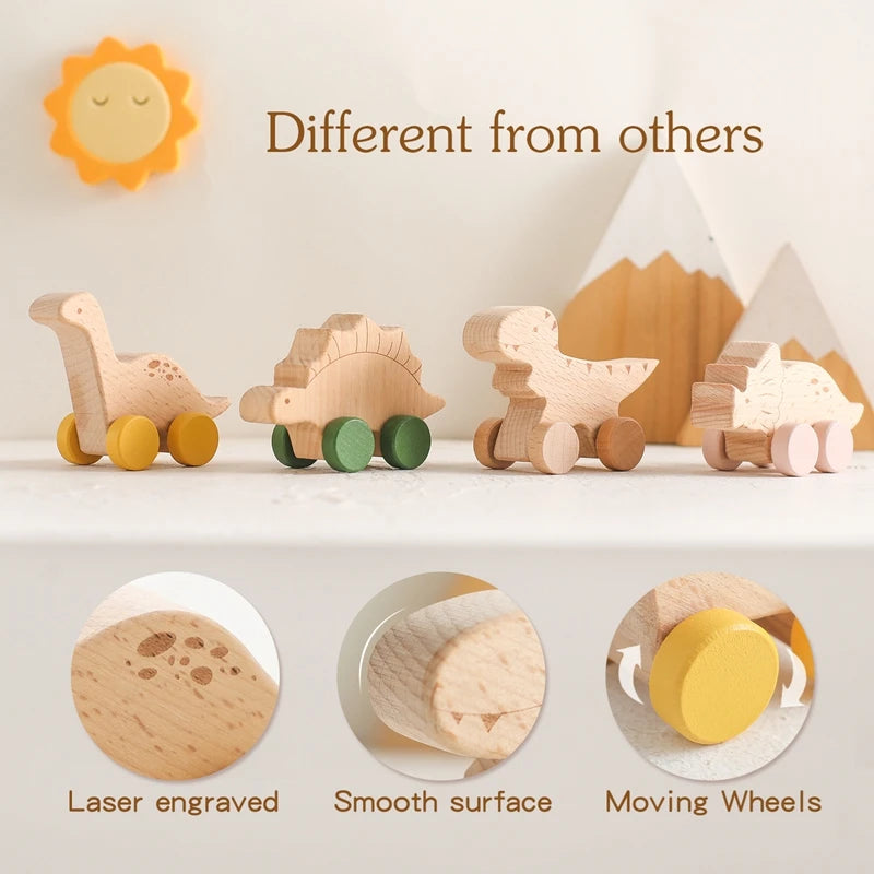 Dinosauri Giocattolo in Legno con Ruote – Gioco Educativo e Creativo per Bambini