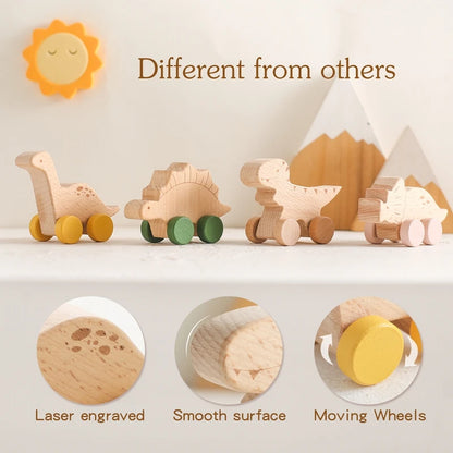 Dinosauri Giocattolo in Legno con Ruote – Gioco Educativo e Creativo per Bambini