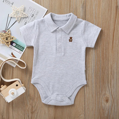 Body Polo Neonato in Cotone Elasticizzato con Colletto e Orsetto Ricamato