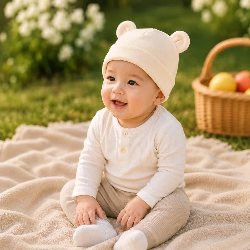 Cappellino Neonato in Cotone con Orecchiette – Berretto Morbido Elasticizzato 0-12 Mesi