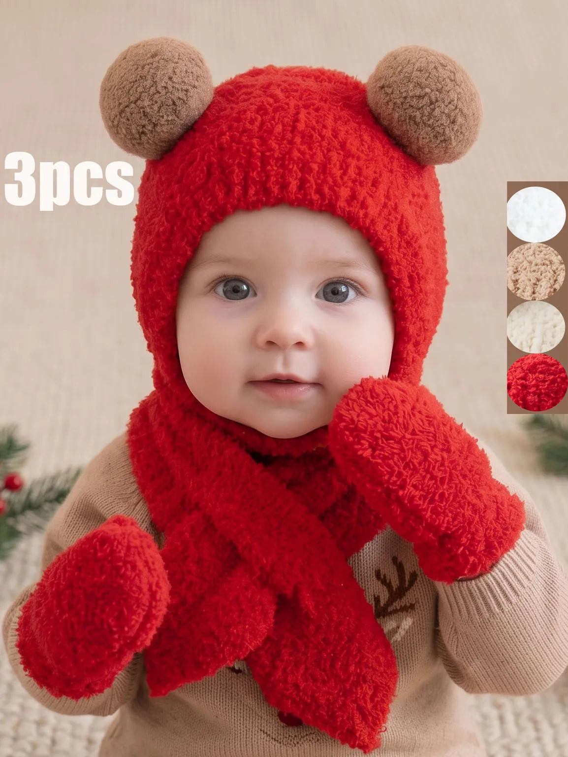 Set Invernale Neonato Effetto Teddy – Cappello Copriorecchie, Sciarpa e Guanti a Muffola