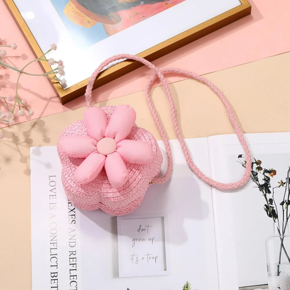 Borsetta Bambina a Tracolla in Paglia Intrecciata con Fiore – Mini Borsa con Chiusura Zip