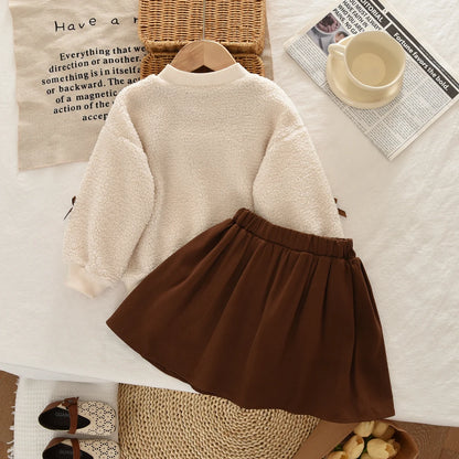 Completo Elegante Bambina Autunno/Inverno con Maglia Teddy e Gonna Plissettata (2 Pezzi) | 3-6 Anni