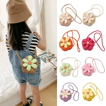 Borsetta Bambina a Tracolla in Paglia Intrecciata con Fiore – Mini Borsa con Chiusura Zip