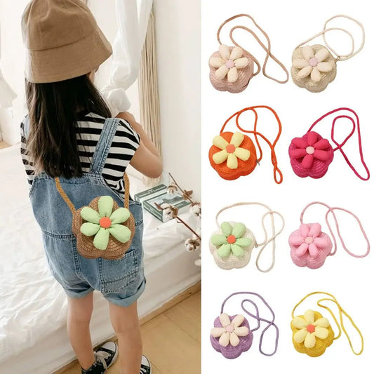 Borsetta Bambina a Tracolla in Paglia Intrecciata con Fiore – Mini Borsa con Chiusura Zip