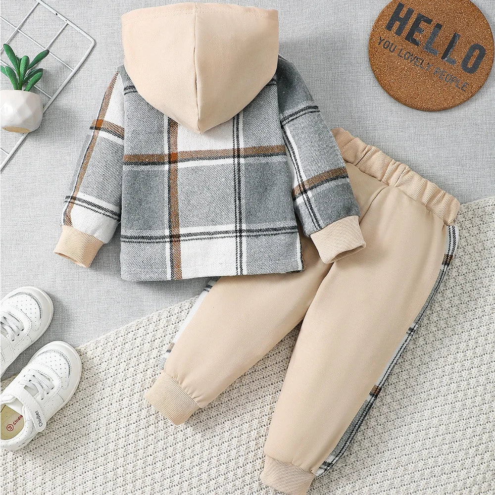 Completo Bambino 2 Pezzi Autunno Inverno – Giacca a Quadri con Cappuccio e Pantaloni Jogger