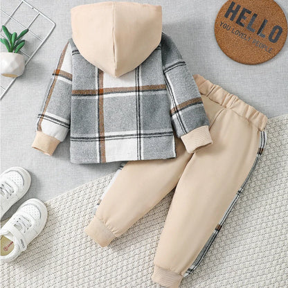 Completo Bambino 2 Pezzi Autunno Inverno – Giacca a Quadri con Cappuccio e Pantaloni Jogger