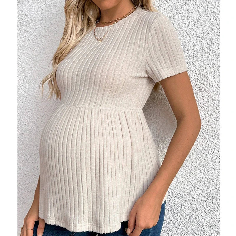 T-Shirt Premaman Elasticizzata a Maniche Corte – Maglietta Gravidanza Casual in Maglia, Girocollo, Comfort Quotidiano