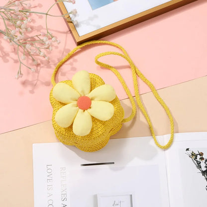 Borsetta Bambina a Tracolla in Paglia Intrecciata con Fiore – Mini Borsa con Chiusura Zip