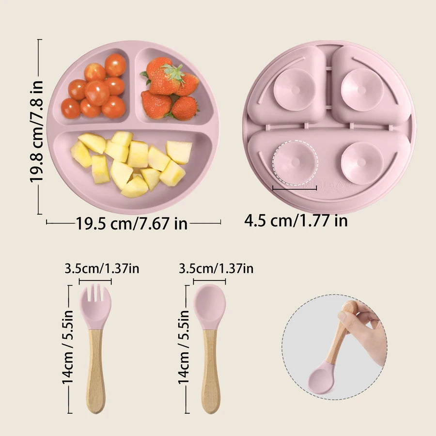 Set Pappa Svezzamento in Silicone con Piatto a 3 Scomparti e Posate con Manico in Legno