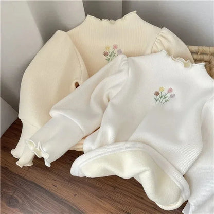 Maglia Felpata Bambina con Ricamo Floreale e Maniche a Sbuffo | 1-6 Anni