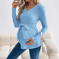 Maglia Premaman Lunga a Coste – Pullover con Scollo a V e Cintura