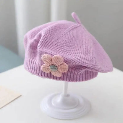Berretto Basco Bimba in Maglia con Fiore – Autunno Inverno