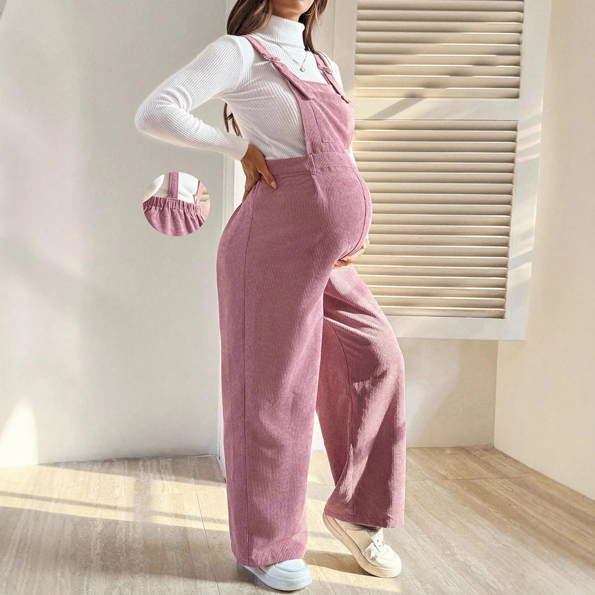 Salopette Premaman in Velluto a Coste di Cotone – Tuta con Bretelle Regolabili e Gamba Larga per la Gravidanza