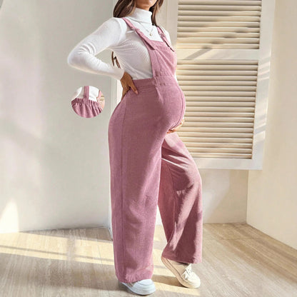 Salopette Premaman in Velluto a Coste di Cotone – Tuta con Bretelle Regolabili e Gamba Larga per la Gravidanza