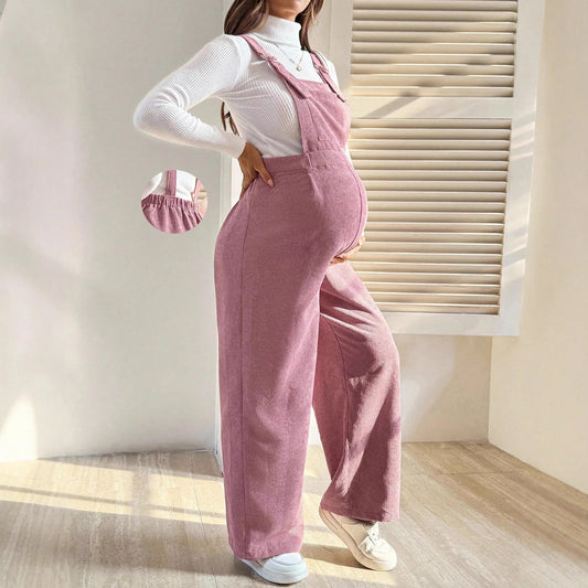 Salopette Premaman in Velluto a Coste di Cotone – Tuta con Bretelle Regolabili e Gamba Larga per la Gravidanza