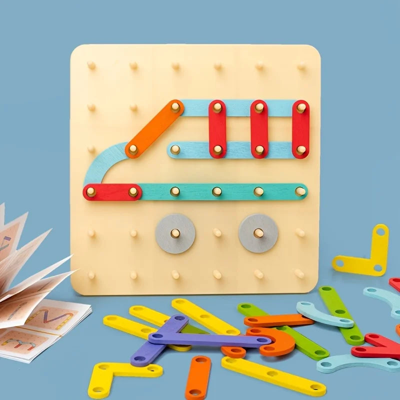 Gioco di Composizione in Legno per Bambini – Tavola con Pioli e Forme Colorate per Creare Figure e Lettere