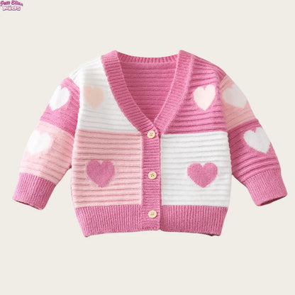 Cardigan Bambina in Maglia di Cotone con Cuori – Scollo a V e Bottoni