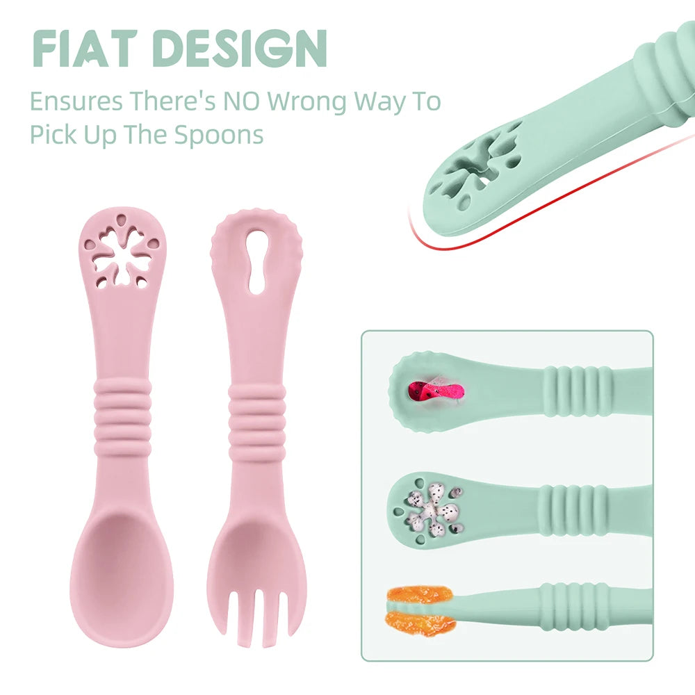 Set Posate Svezzamento in Silicone con Massaggiagengive – Cucchiaino e Forchettina Ergonomici per Bambini