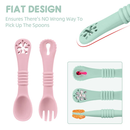 Set Posate Svezzamento in Silicone con Massaggiagengive – Cucchiaino e Forchettina Ergonomici per Bambini