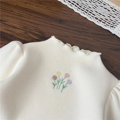 Maglia Felpata Bambina con Ricamo Floreale e Maniche a Sbuffo | 1-6 Anni