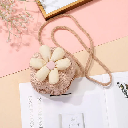 Borsetta Bambina a Tracolla in Paglia Intrecciata con Fiore – Mini Borsa con Chiusura Zip