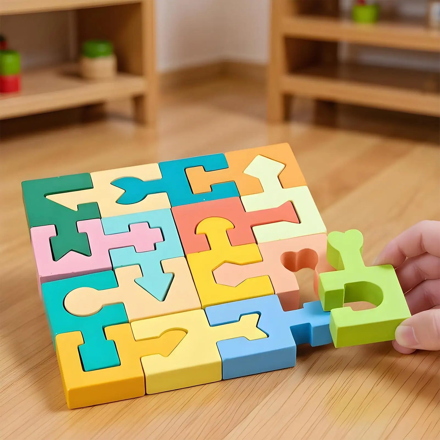 Puzzle Geometrico in Legno 16 Pezzi – Gioco di Logica e Abbinamento delle Forme