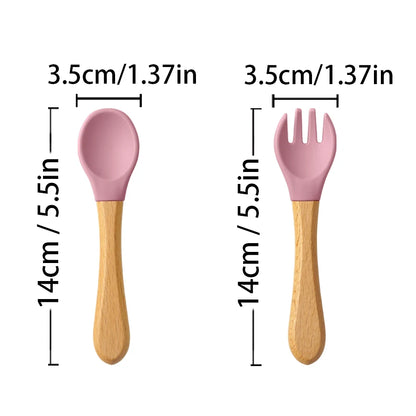 Set Posate da Apprendimento per Bambini – Cucchiaio e Forchetta in Silicone con Manico in Legno