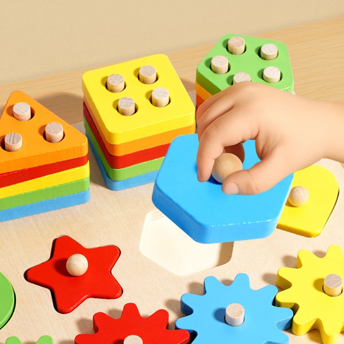 Gioco a Incastro in Legno con Forme Impilabili e Ingranaggi – Tavola Educativa per Bambini 3+ Anni