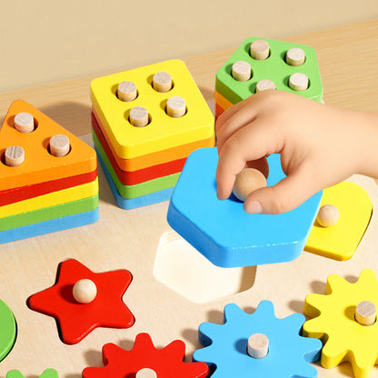 Gioco a Incastro in Legno con Forme Impilabili e Ingranaggi – Tavola Educativa per Bambini 3+ Anni