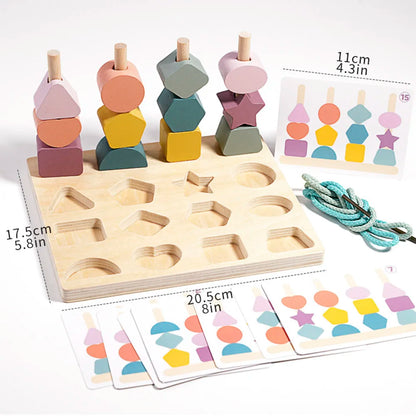 Gioco in Legno Forme e Colori Ispirato al Metodo Montessori con Carte Attività e Perline da Infilare – 3+ Anni
