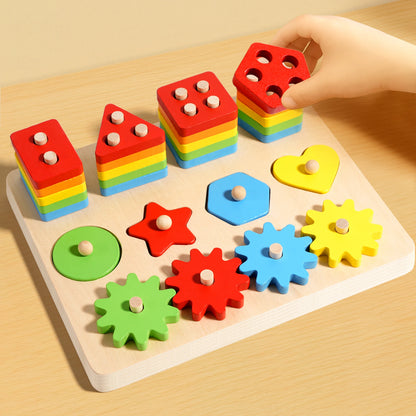 Gioco a Incastro in Legno con Forme Impilabili e Ingranaggi – Tavola Educativa per Bambini 3+ Anni