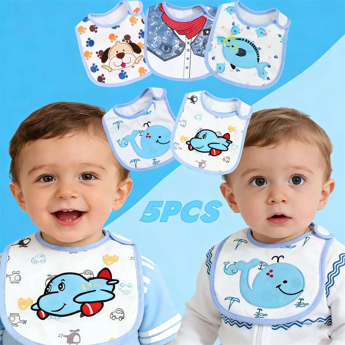 Set 5 Bavaglini Impermeabili Bambino e Bambina – Bavaglie per Pappa con Fantasie Colorate