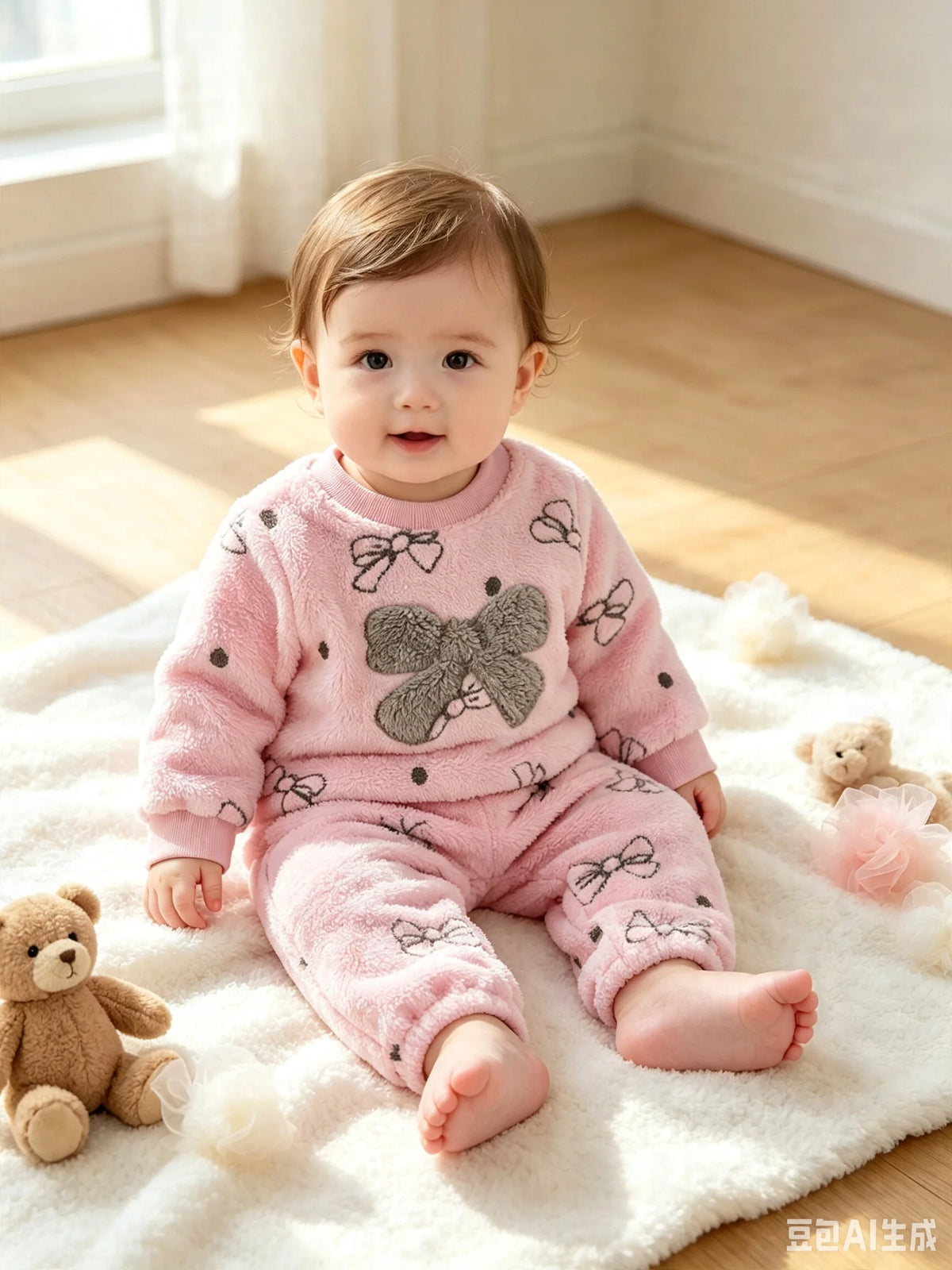 Tuta Invernale Bambina 2 Pezzi – Completo Rosa in Pile con Motivo a Fiocchi