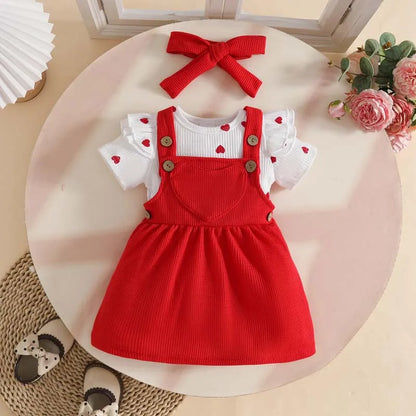 Completo Neonata 3 Pezzi – Vestito con Body a Cuori, Gonna Salopette e Fascia