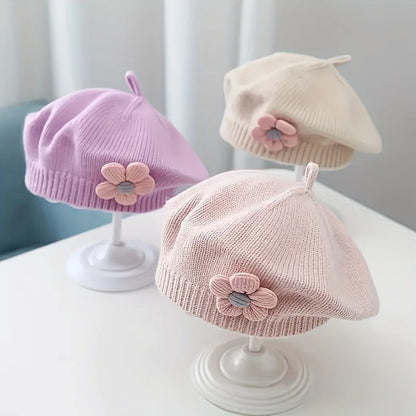 Berretto Basco Bimba in Maglia con Fiore – Autunno Inverno